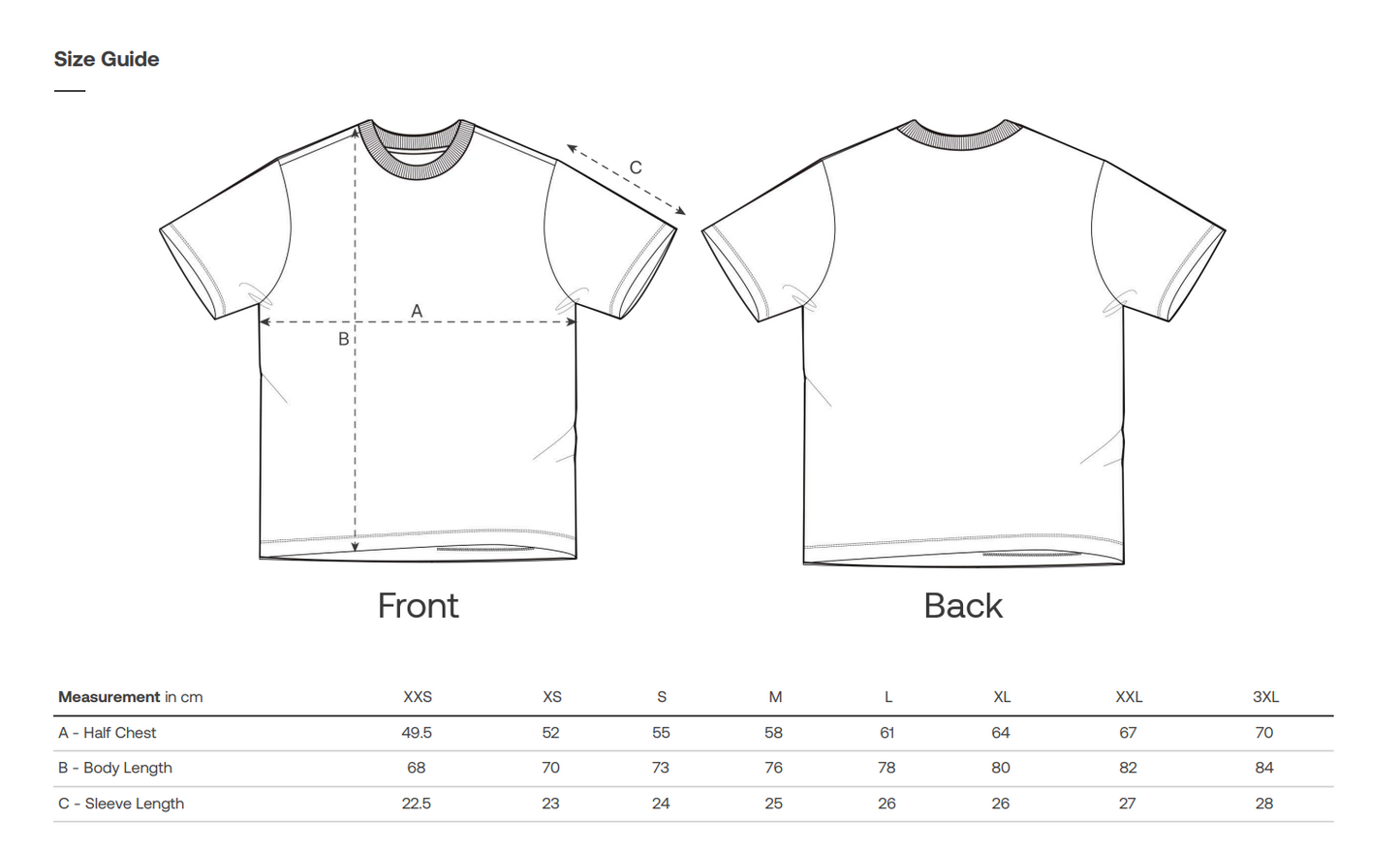 T-shirt size guide with front and back views and measurement chart.